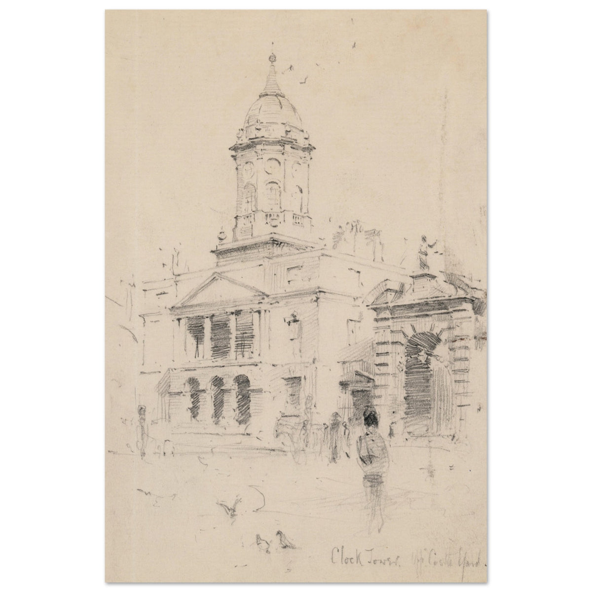 The Bedford Tower, Dublin Castle by Rose Barton, drawing of the domed tower and gateway