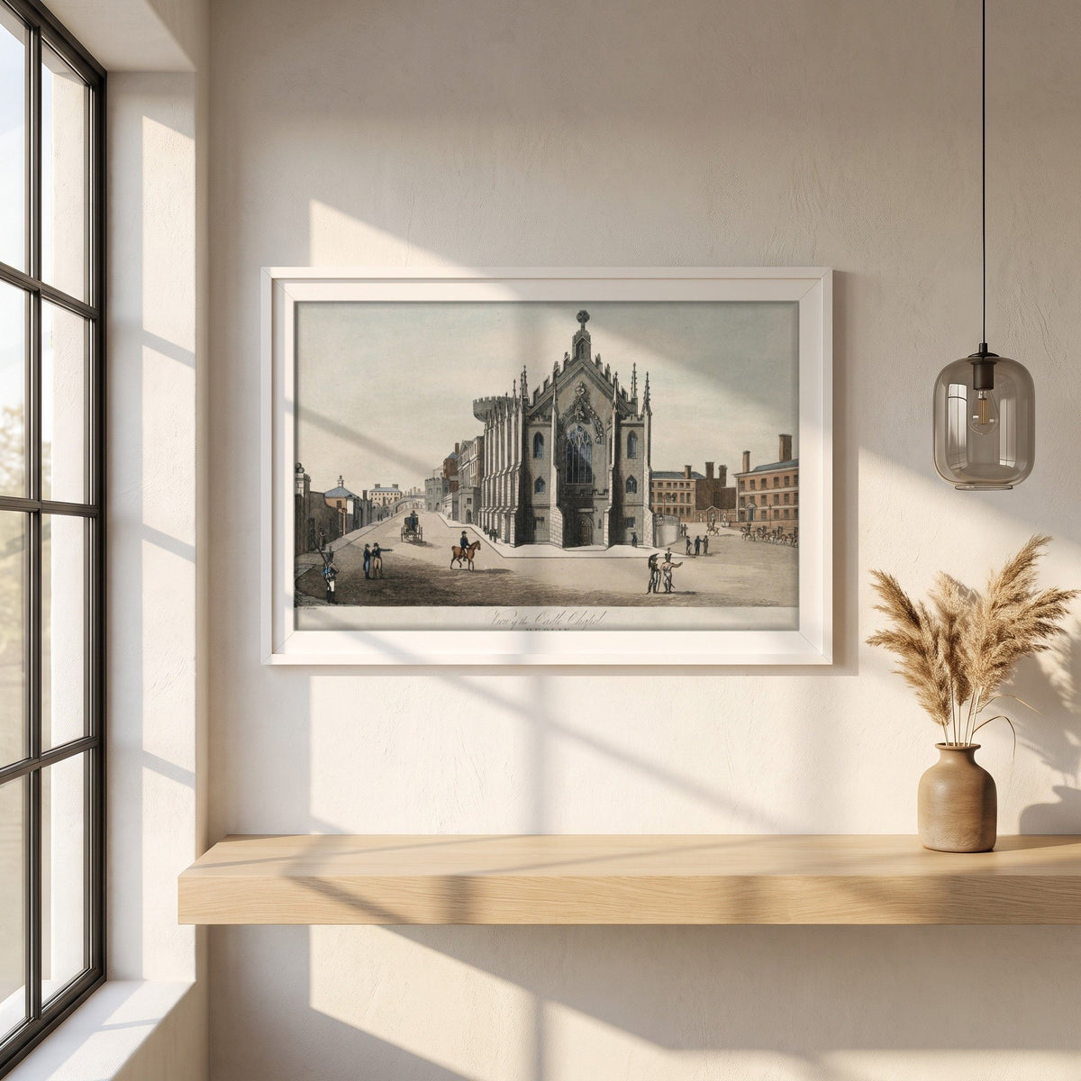 The Chapel Royal, Dublin Castle framed print in a white frame on a plaster wall above an oak worktop in a bright Scandinavian kitchen