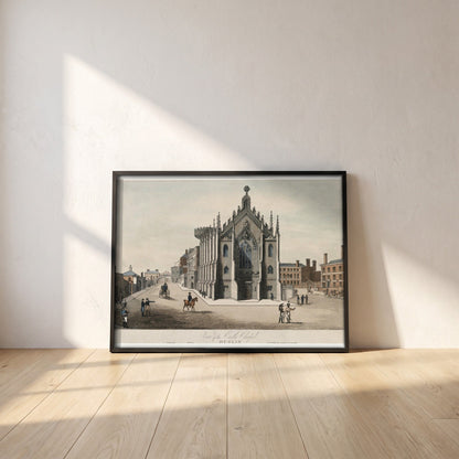 The Chapel Royal, Dublin Castle framed print in a black frame leaning against a white plaster wall on oak floorboards in morning light