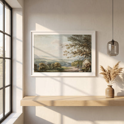 Thomas Sautelle Roberts framed print in a white frame on a plaster wall above an oak worktop in a bright Scandinavian kitchen