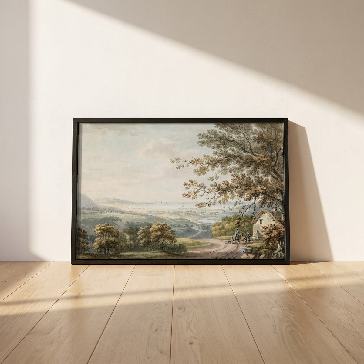 Thomas Sautelle Roberts framed print in a black frame leaning against a white plaster wall on oak floorboards in morning light