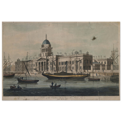 The Custom House, Dublin unframed print, sailing ships and rowing boats on the Liffey quay