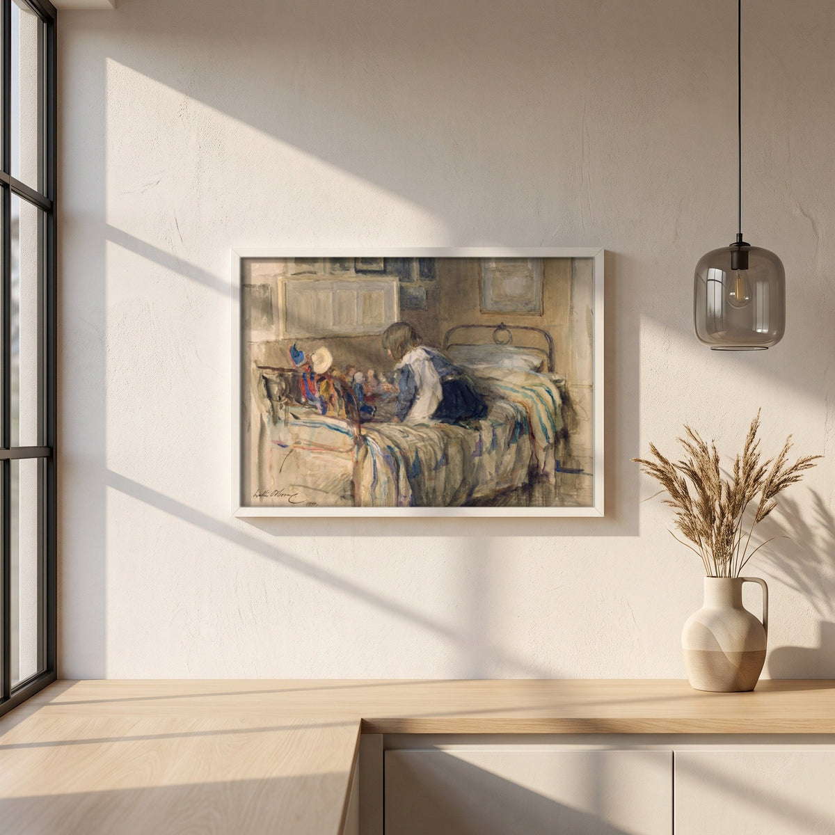 The Dolls’ School framed print in a white frame on a plaster wall above an oak worktop in a bright Scandinavian kitchen