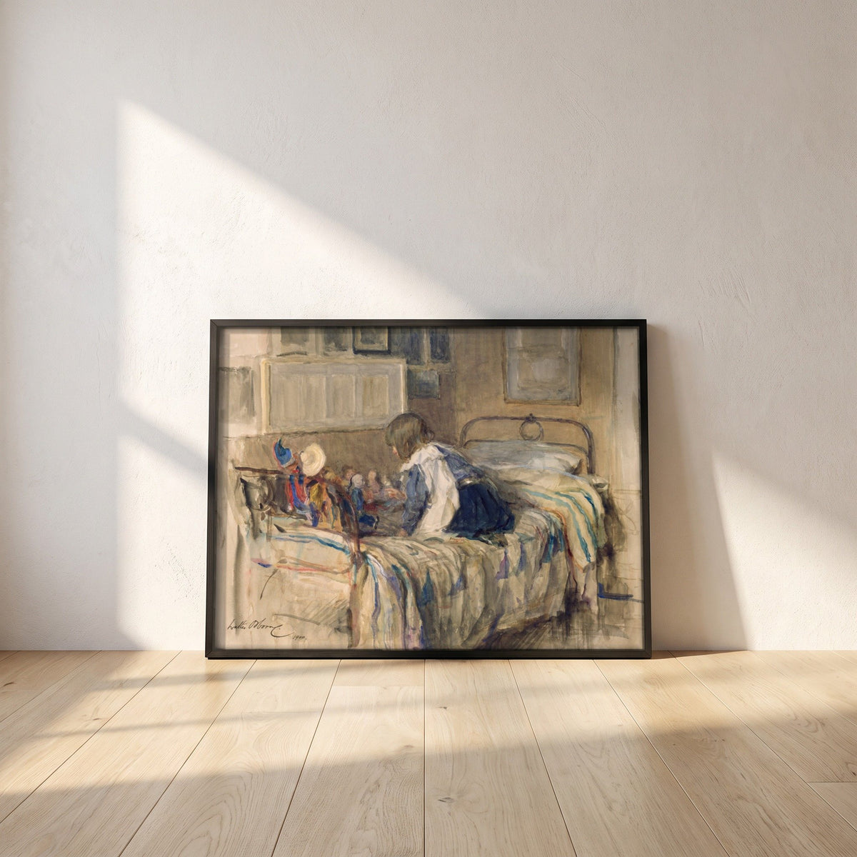The Dolls’ School framed print in a black frame leaning against a white plaster wall on oak floorboards in morning light
