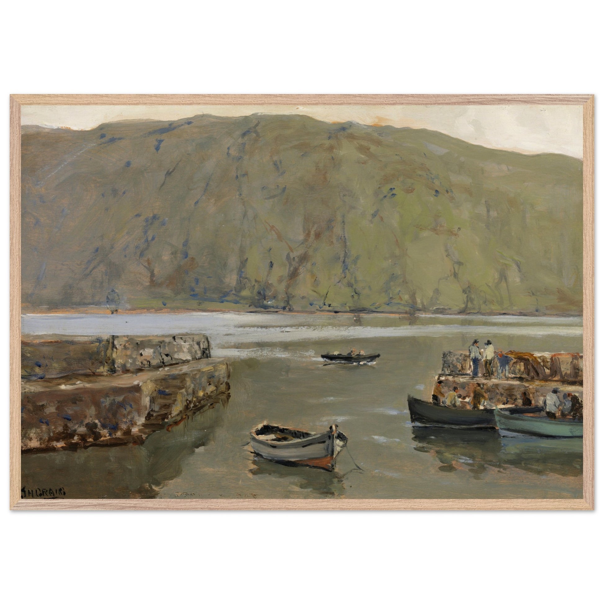 Collector’s Edition framed art print of The Harbour, Leenane by James Humbert Craig in natural wood frame