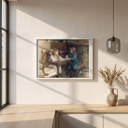 The House Builders framed print in a white frame on a plaster wall above an oak worktop in a bright Scandinavian kitchen