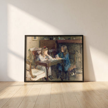 The House Builders framed print in a black frame leaning against a white plaster wall on oak floorboards in morning light