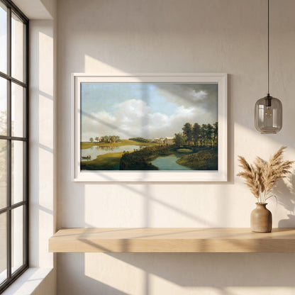 The Mill, Ballinrobe framed print in a white frame on a plaster wall above an oak worktop in a bright Scandinavian kitchen