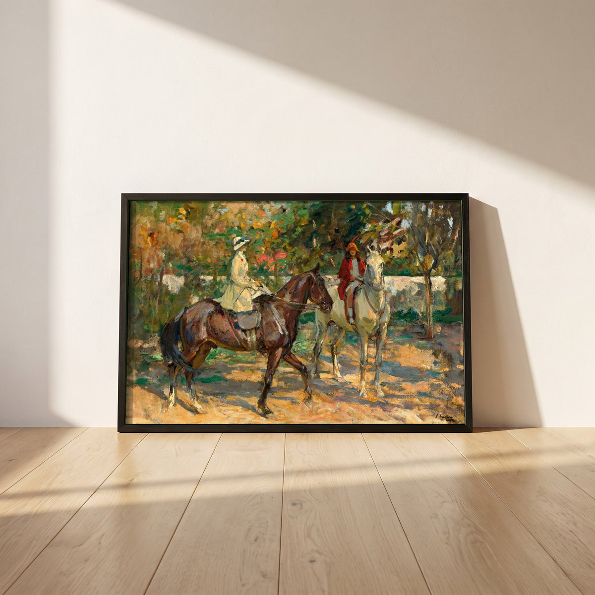 The Morning Ride framed print in a black frame leaning against a white plaster wall on oak floorboards in morning light