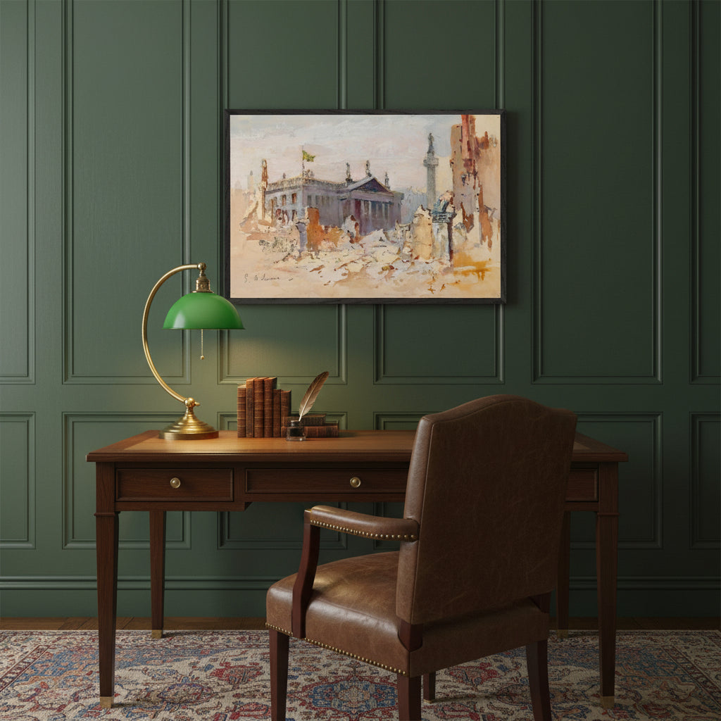 The Ruins of O’Connell Street, 1916 by Edmond Delrenne, museum-quality art print in a sleek black wooden frame, depicting the destruction of O’Connell Street after the Easter Rising, hung above a vintage writing desk with brass lamp, leather chair, and dark green panelled wall. Evokes early-20th-century Dublin sophistication.