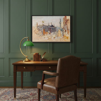 The Ruins of O’Connell Street, 1916 by Edmond Delrenne, museum-quality art print in a sleek black wooden frame, depicting the destruction of O’Connell Street after the Easter Rising, hung above a vintage writing desk with brass lamp, leather chair, and dark green panelled wall. Evokes early-20th-century Dublin sophistication.