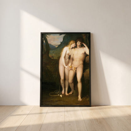 The Temptation of Adam framed print in a black frame leaning against a white plaster wall on oak floorboards in morning light