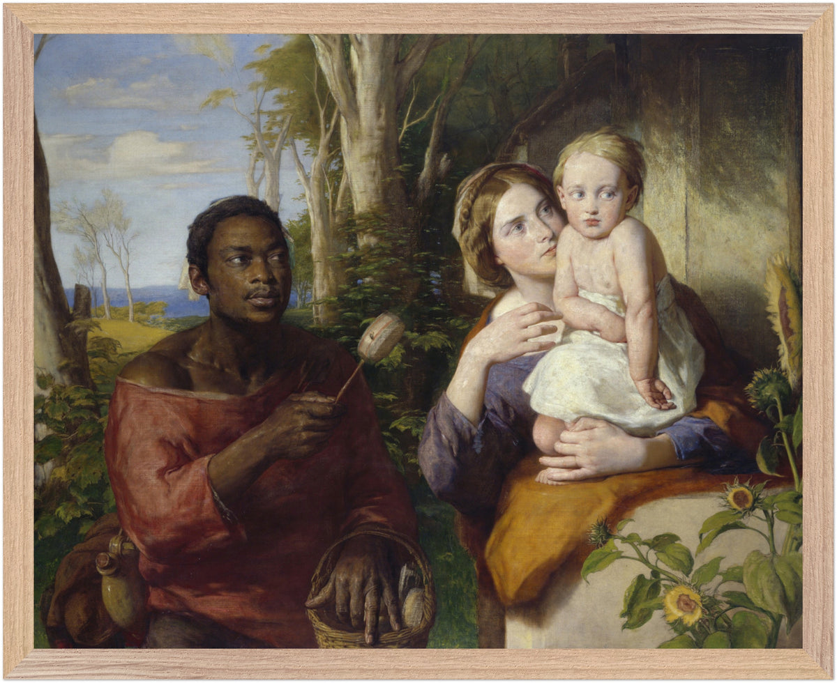 The Toy-Seller by William Mulready print in a natural oak frame