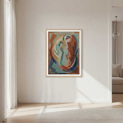 The Virgin and Child” by Mainie Jellett framed in natural oak, displayed on a cream wall in a bright modern Irish home. Sunlight through linen curtains, calm palette, heritage minimalism aesthetic