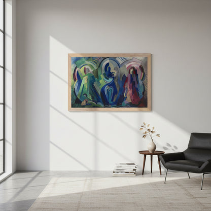 The Virgin of Éire by Mainie Jellett – natural wood framed Irish Modernist print Gallery wall setup featuring The Virgin of Éire in wood frame alongside other abstract works, clean white wall, natural daylight, modern collector’s studio apartment, high fidelity mock-up.

