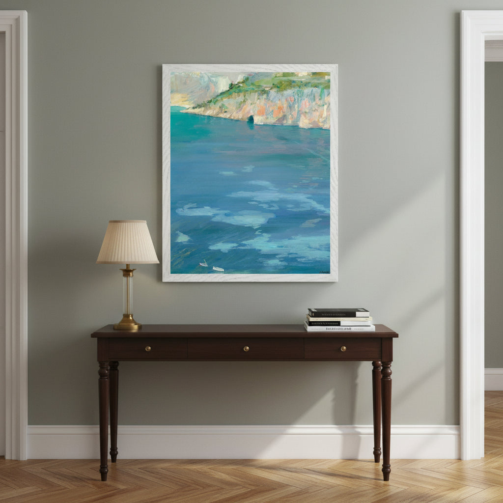 The Little White Boats, Cap Ferrat by Sir John Lavery, 40x50cm print in white frame, styled above a console table in an elegant period townhouse hallway, muted Farrow & Ball style wall colour, herringbone wooden floor, vintage lamp and stack of art books