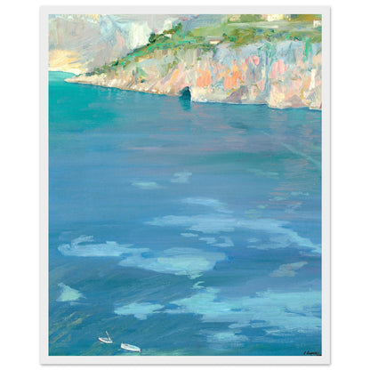 The Little White Boats, Cap Ferrat by Sir John Lavery, 40x50cm print in white frame, calming coastal scene with turquoise sea and pale rock face