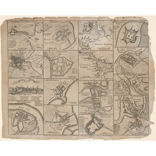 Plans of the Principal Towns, Forts and Harbours in Ireland, c.1748, engraved by Richard William Seale - vintage Irish map print
