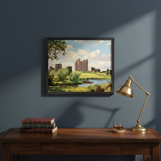 Trim Castle, County Meath (1938) by Dermod O'Brien – Irish heritage art print in black wood frame above dark oak writing desk
