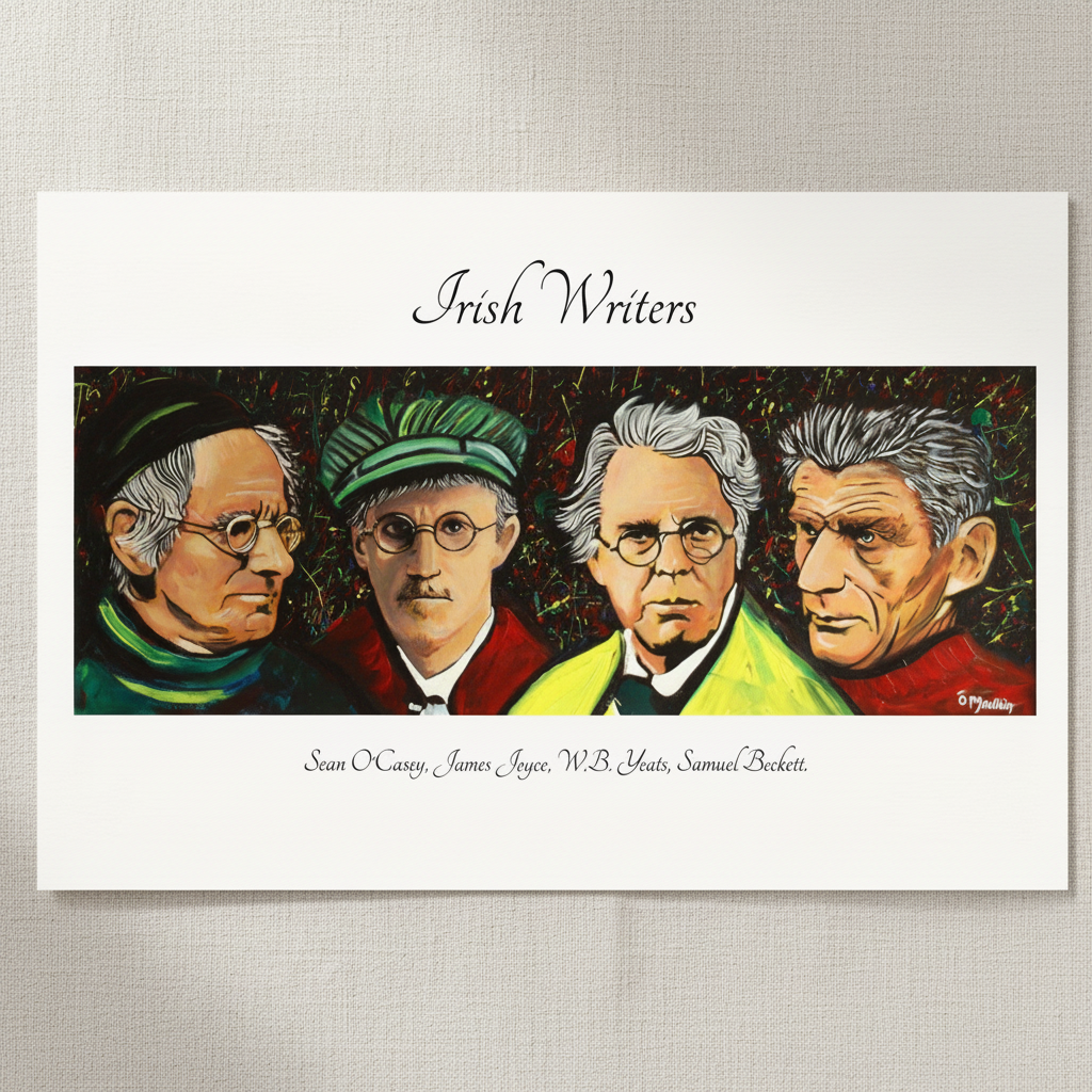 Irish Writers unframed print of O'Casey, Joyce, Yeats and Beckett on textured paper laid on linen