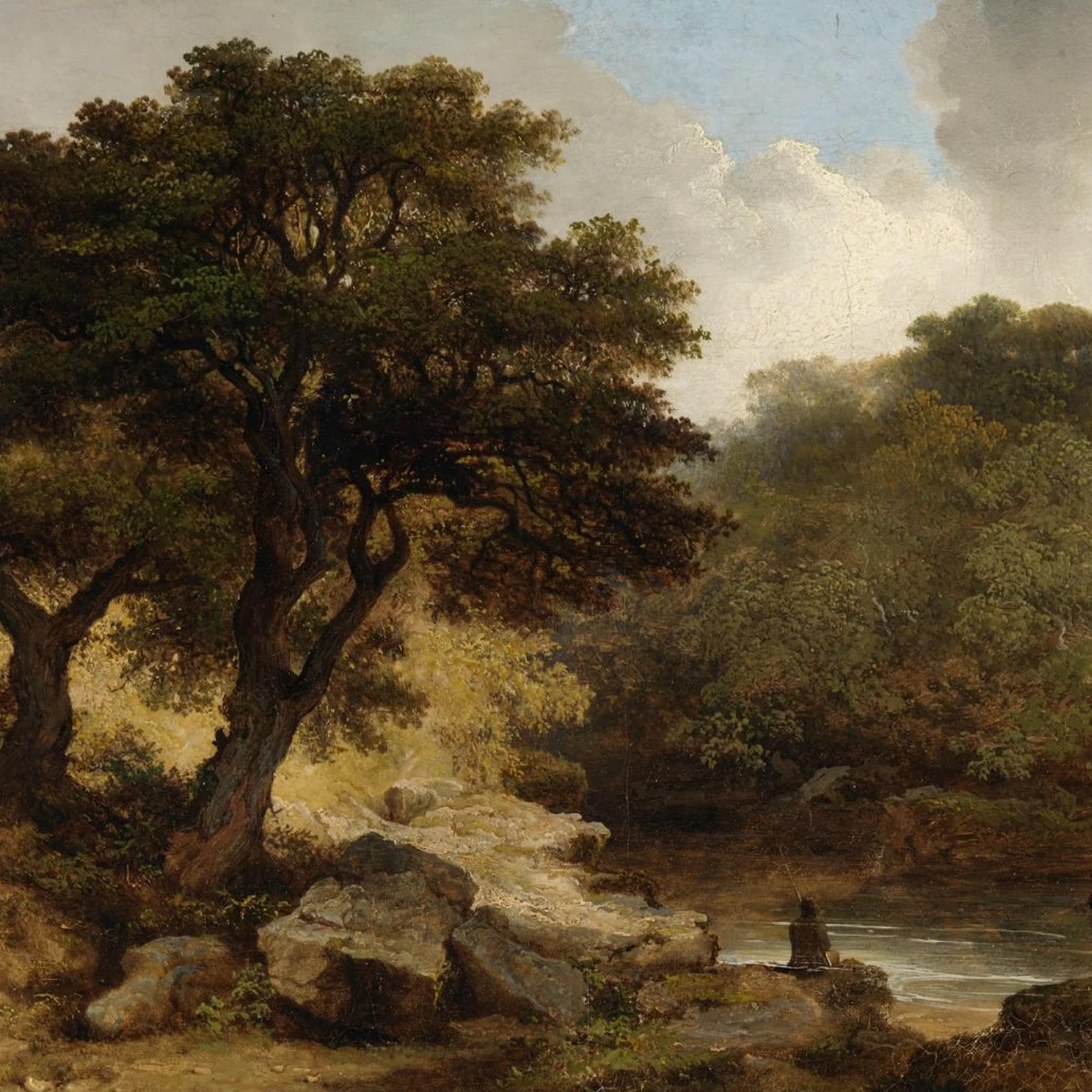 Irish Landscape painting of a tree by a river with rocks and greenery.