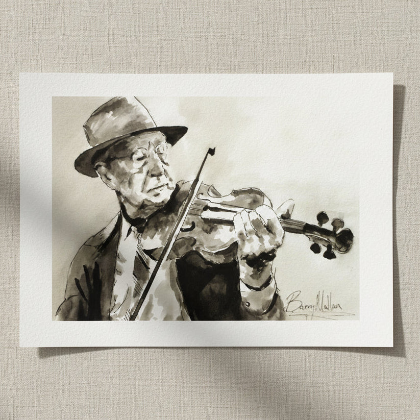 Vintage style illustration of an Irish traditional fiddler art print
