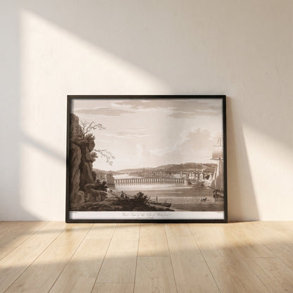 West View of the City of Waterford by Thomas Sautelle Roberts Art Print framed print in a black frame leaning against a white plaster wall on oak floorboards in morning light